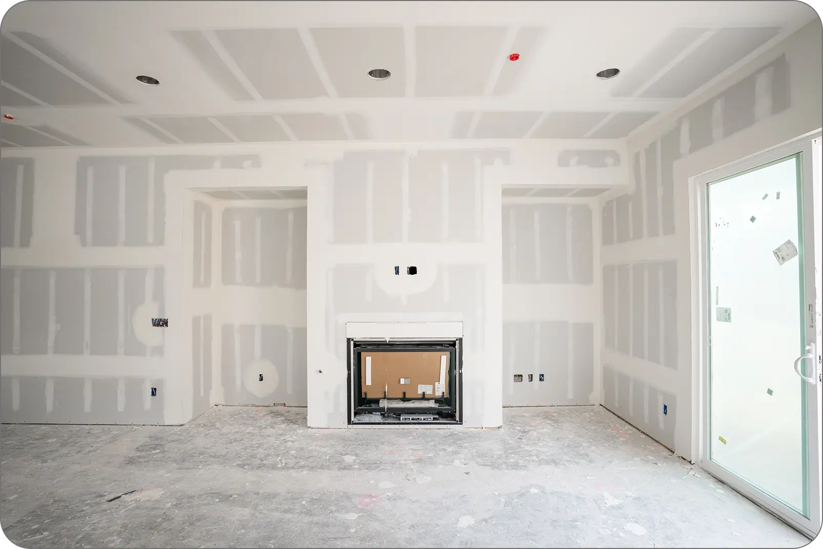 Big living room with freshly finished and mudded drywall